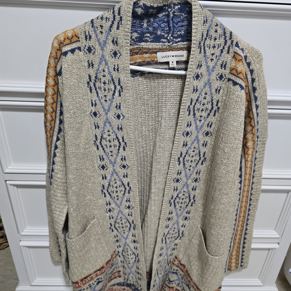 Lucky Brand Cream and Blue Cardigan Sweater with Geometric Pattern